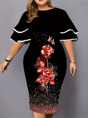 Zarif yozgi gullar bilan bezatilgan ko'ylak, ruffle yenglar, bodycon midi uslubi, cho'ziladigan mato, mashinada yuvish mumkin.