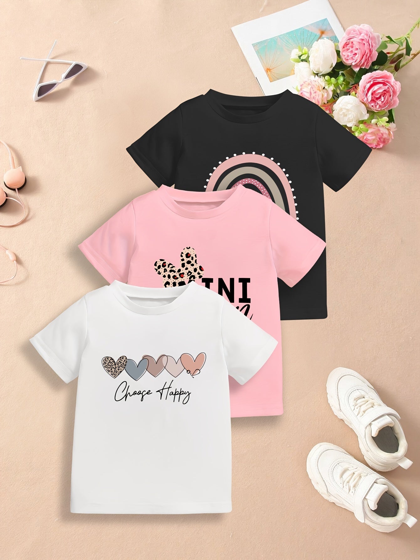 Girls' Polyester T-Shirt Set of 3 Casual Love and Letter Print for Valentine's Day and Ramadan