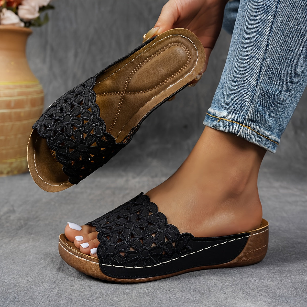 Women's Floral Wedge Sandals Open Toe Slip-On Casual Sandals