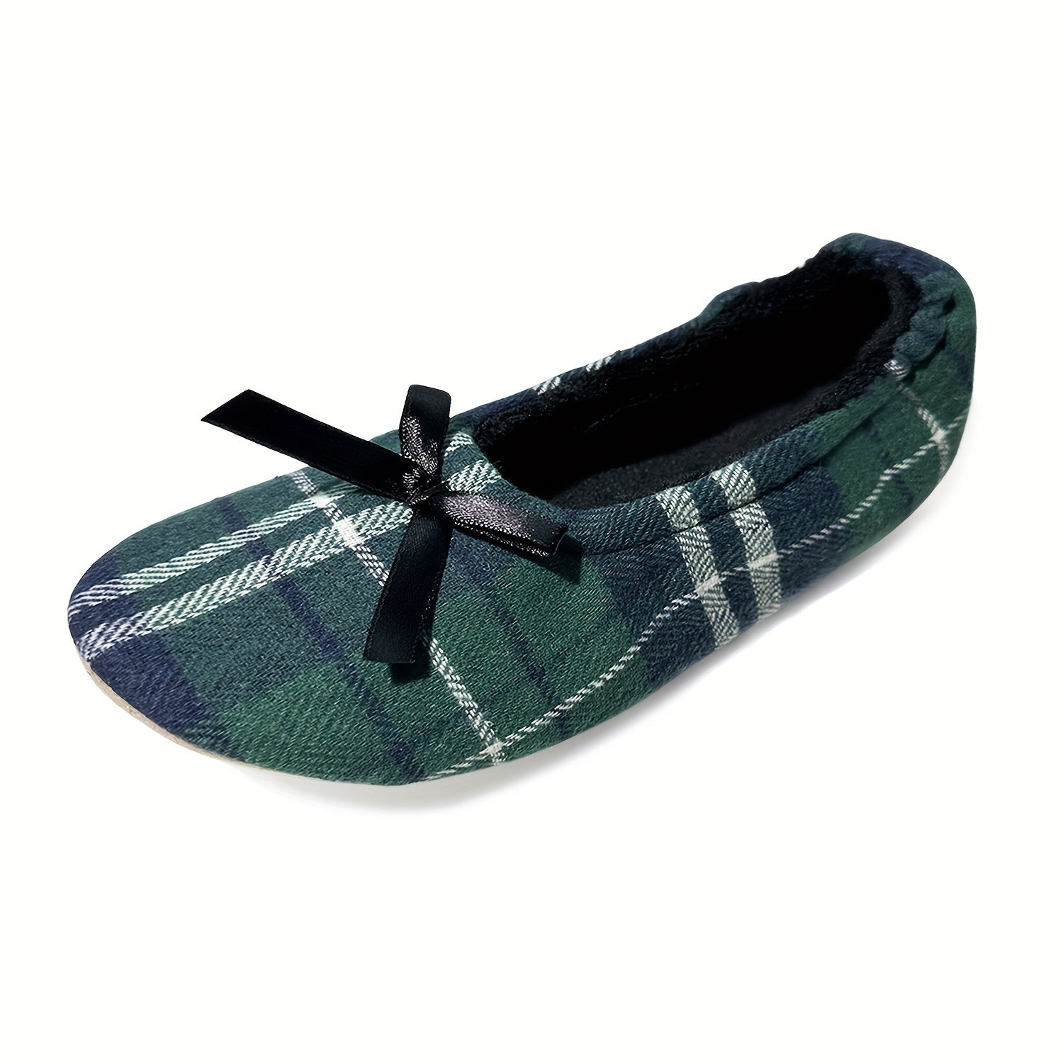 Women's Plaid Ballet Flats with Black Bowknot Casual Slip-On Round Toe