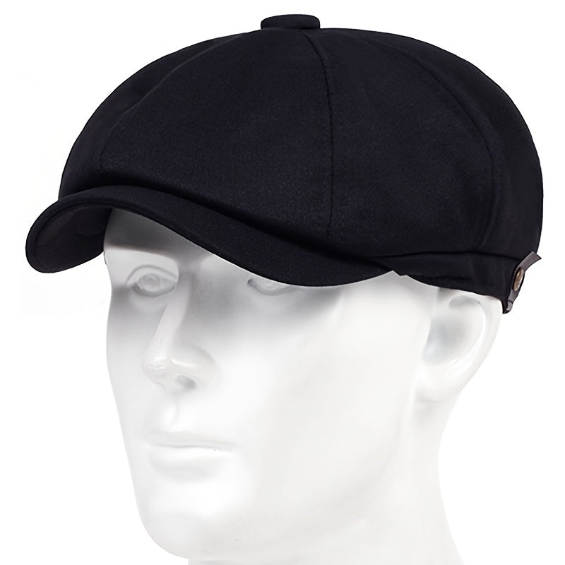 Men's Black Polyester Beret Hat with Adjustable Strap and Metal Buckle for Fall Winter Casual Wear
