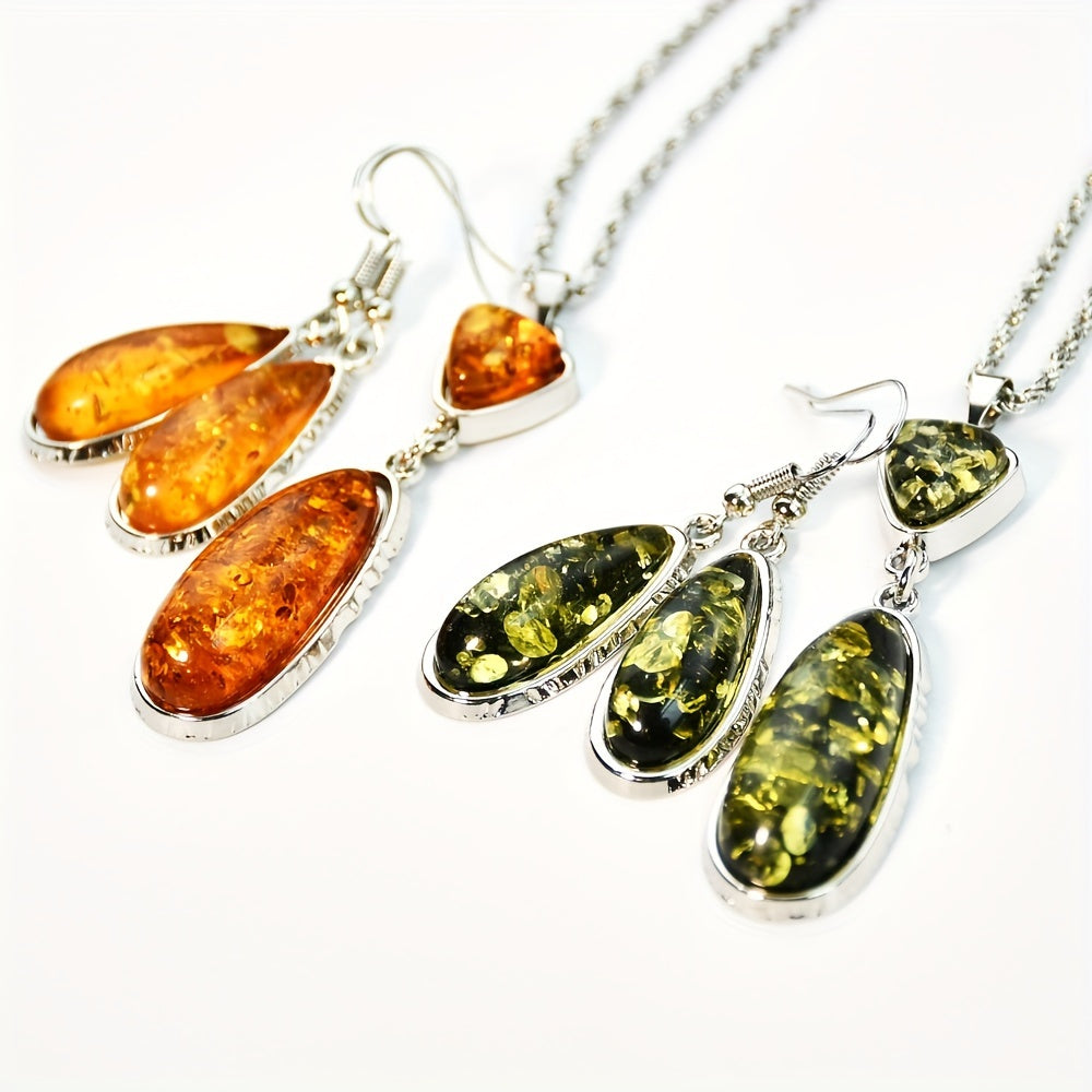 Vintage Amber Teardrop Pendant Necklace and Earrings Set for Women with Natural Stone and Geometric Chain
