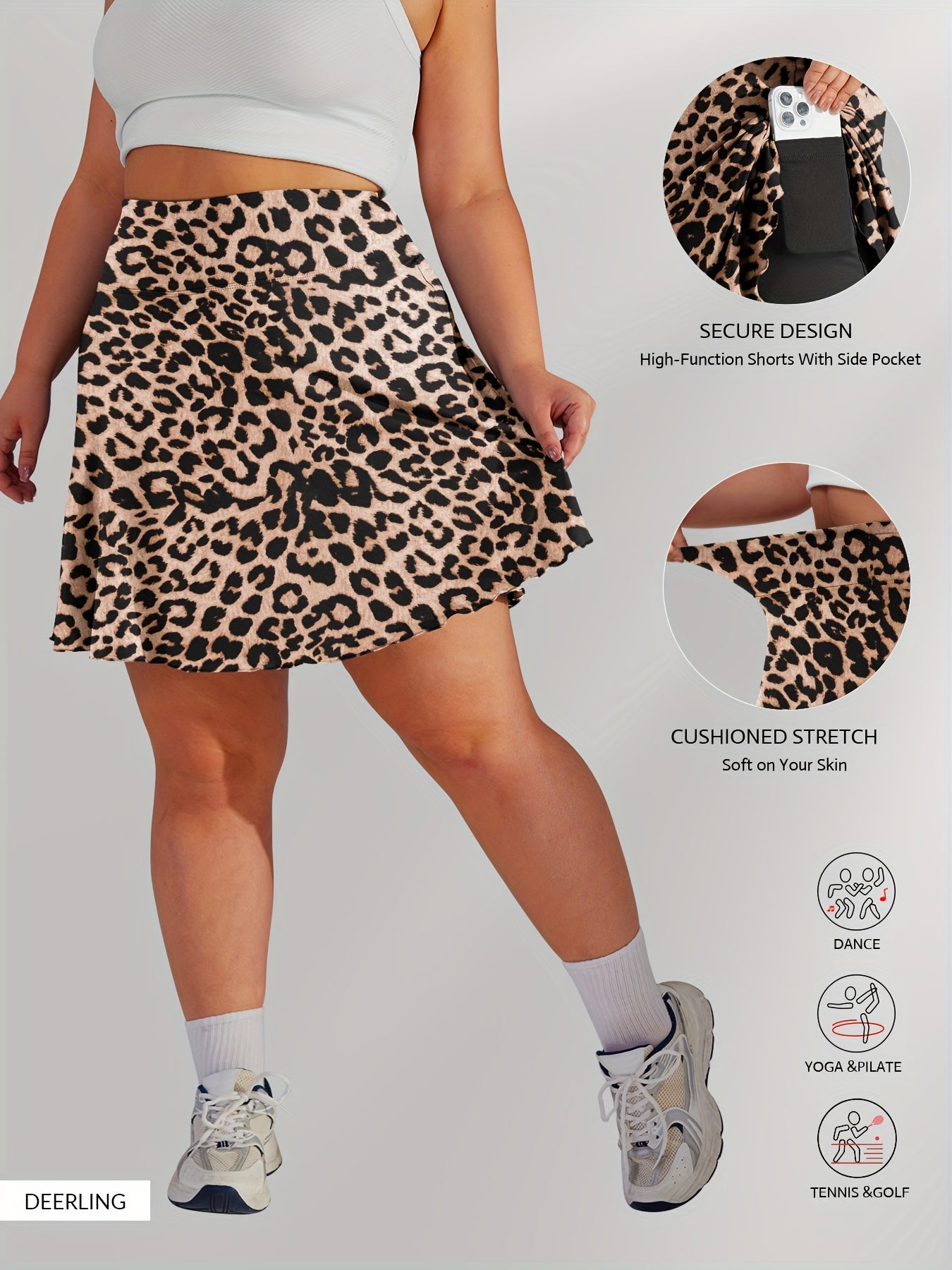 Plus Size Women's Leopard Print High-Waist Skort with Pockets Athletic Shorts