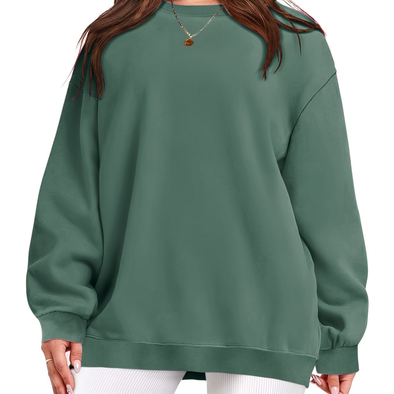 Plus Size Women's Solid Long Sleeve Crew Neck Sweatshirt Casual Fall Spring