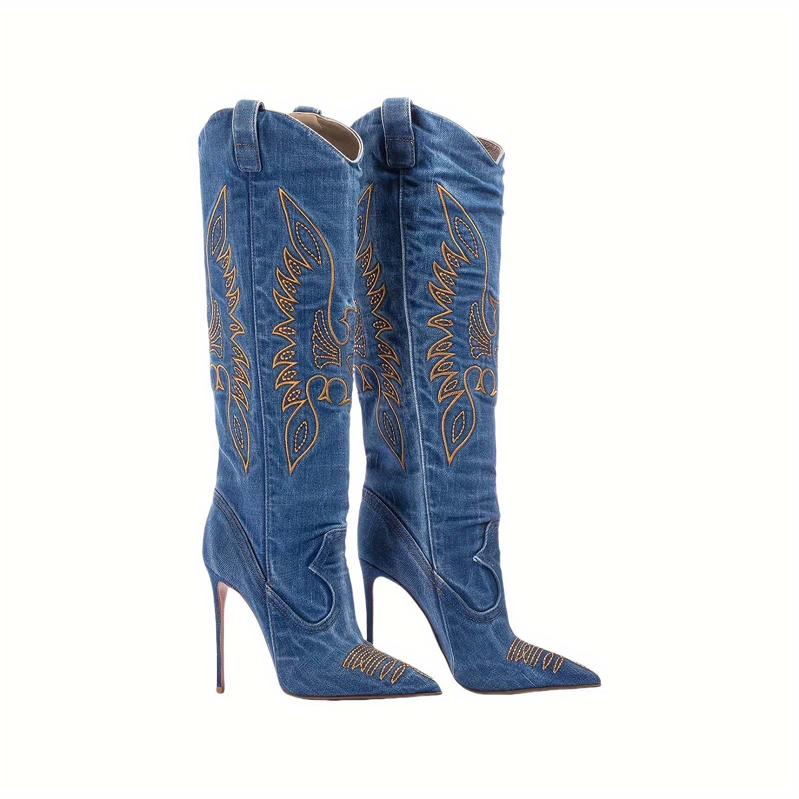 Women's Denim Knee-High Boots with Pointed Toes and Stiletto Heels