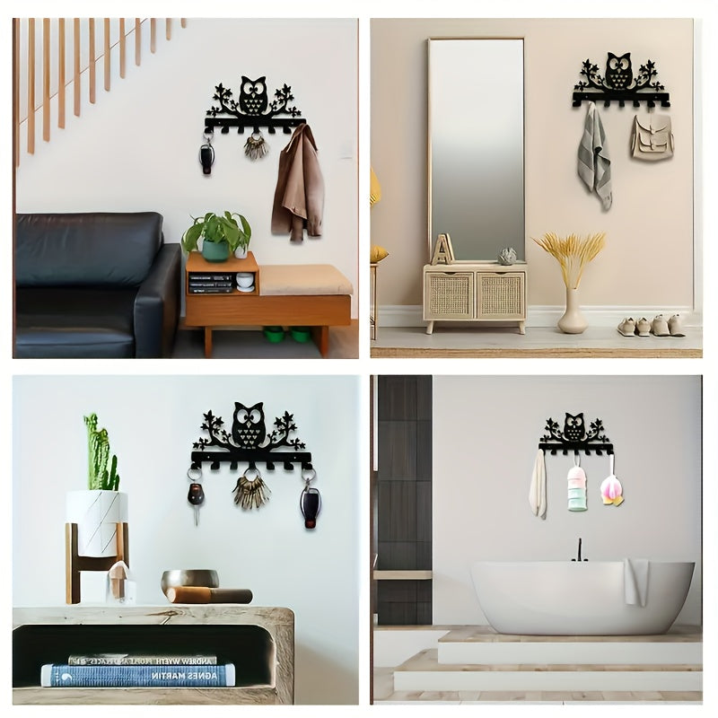 Modern Owl Metal Key Holder with 7 Hooks for Entryway Organization