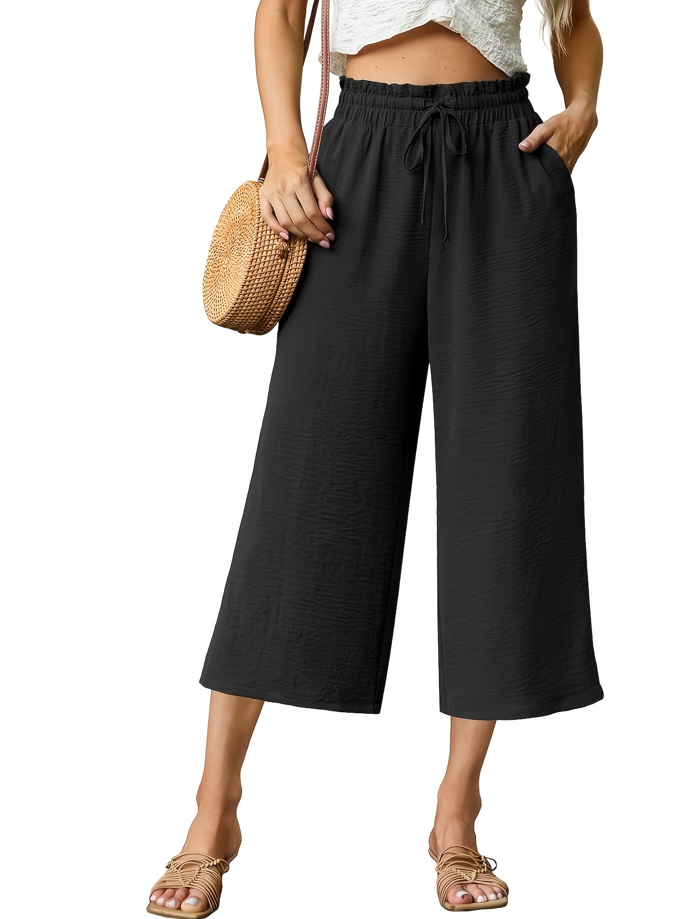 Plus Size Women's High-Waisted Wide Leg Pants Elastic Drawstring Casual Summer