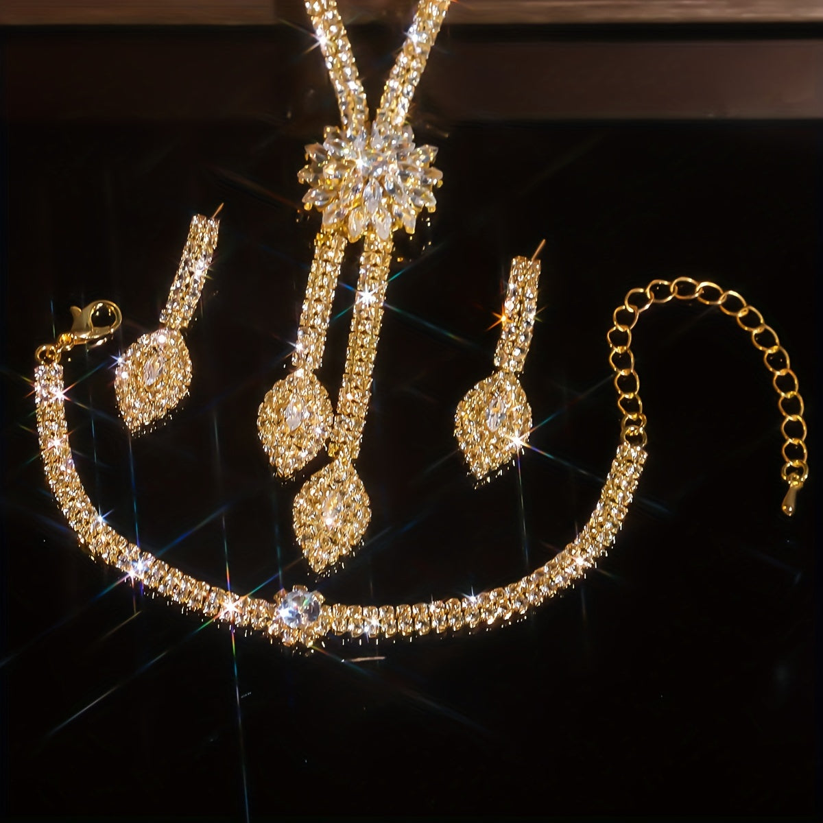 Imitation Zirconia Flower Jewelry Set Necklace Earrings Bracelet for Bridal or Special Occasion