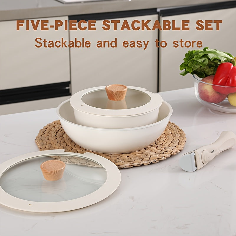 Non-Stick Aluminum Cookware Set with Removable Handle, Stackable, Glass Lids