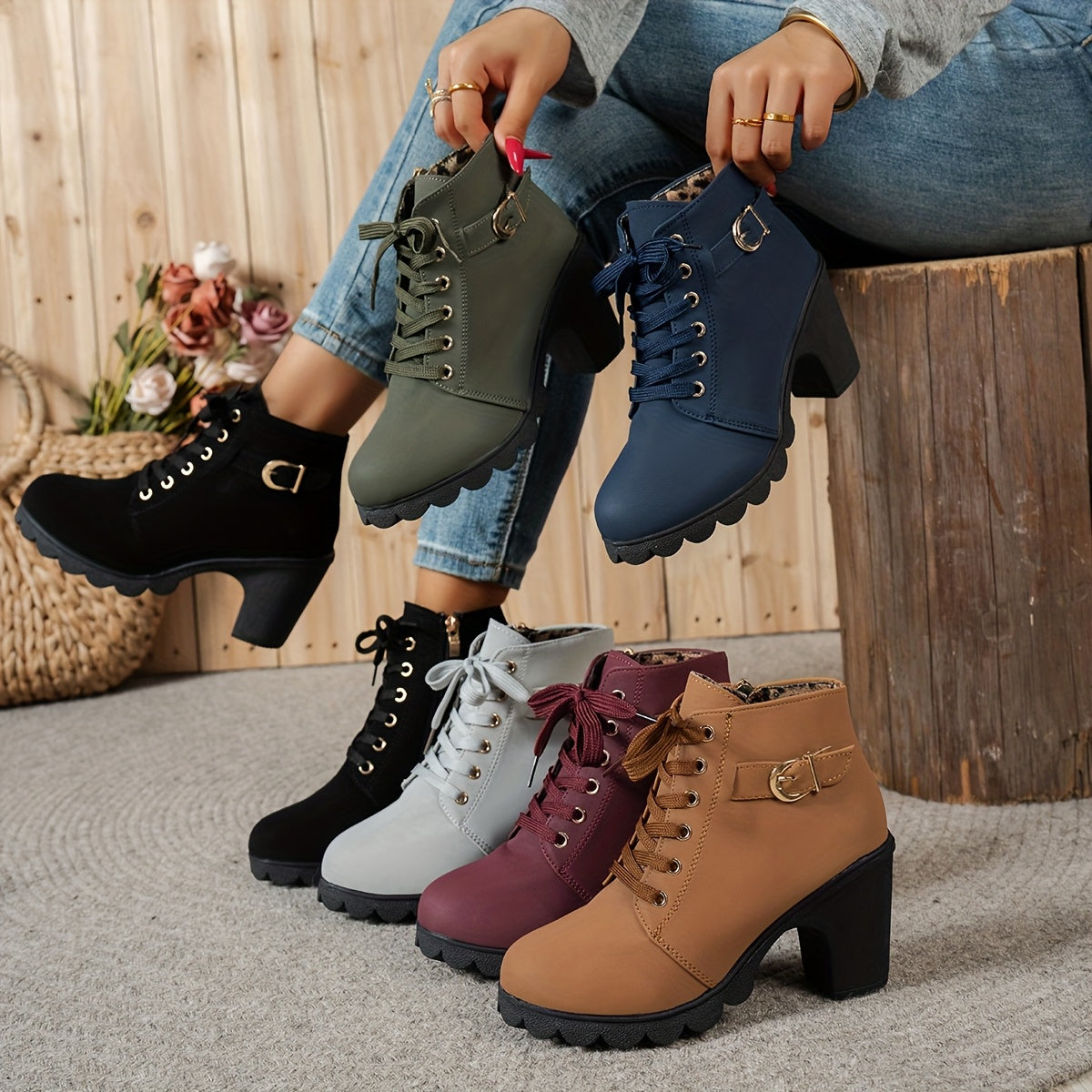 Women's Leather Ankle Boots with Side Zipper and Buckle for All Seasons