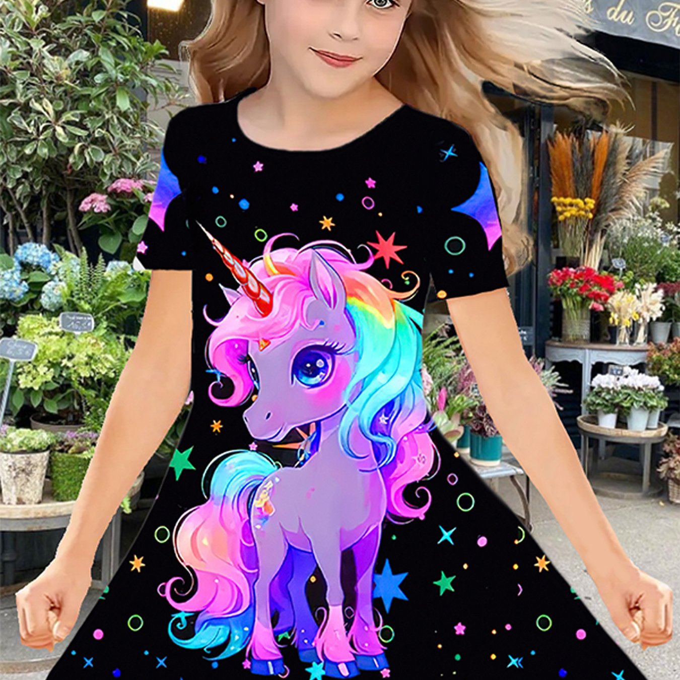 Girls' Polyester Dress with Unicorn and Star Print for Birthday and Spring Summer Events