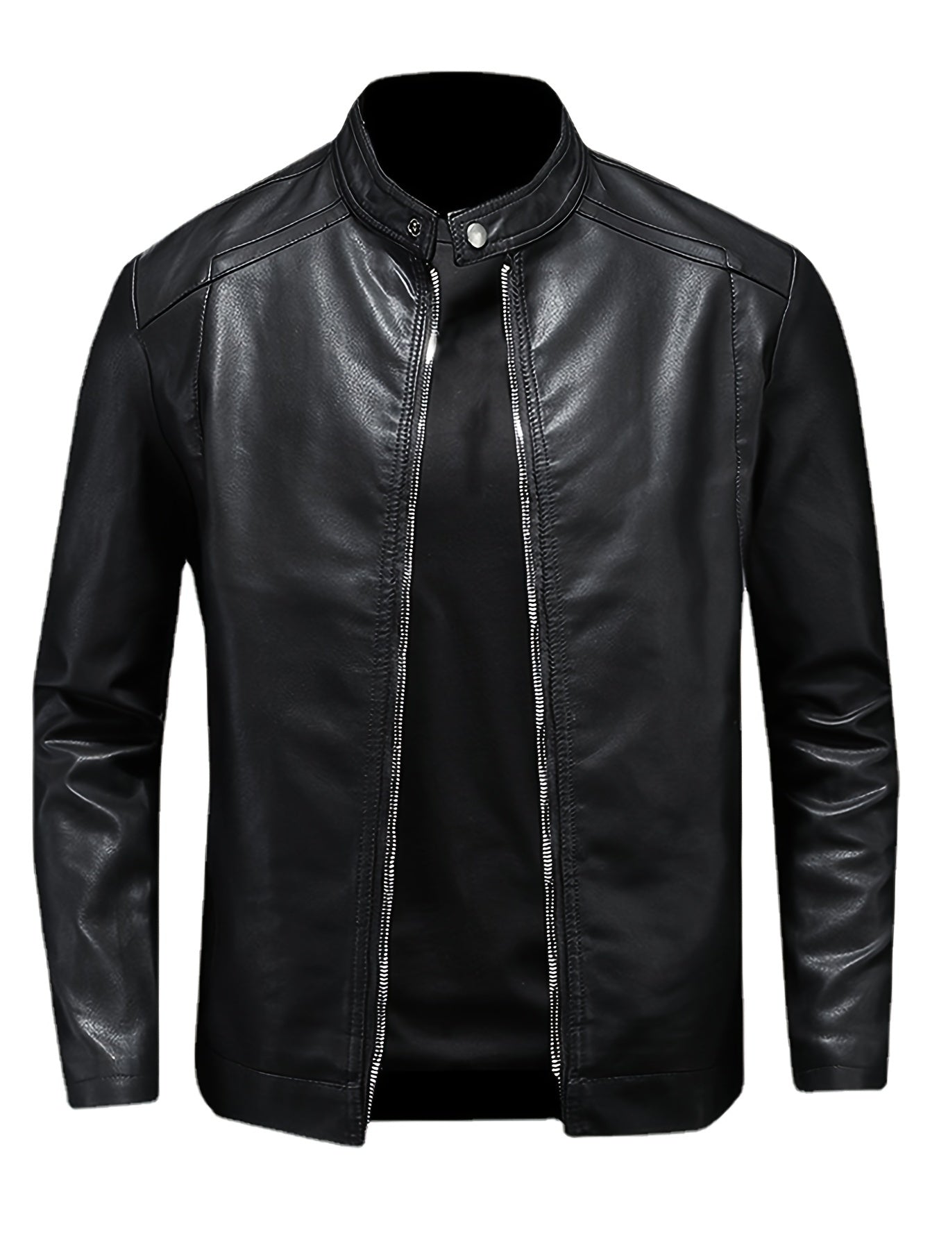Men's PU Leather Motorcycle Jacket with Stand Collar and Zipper Pockets