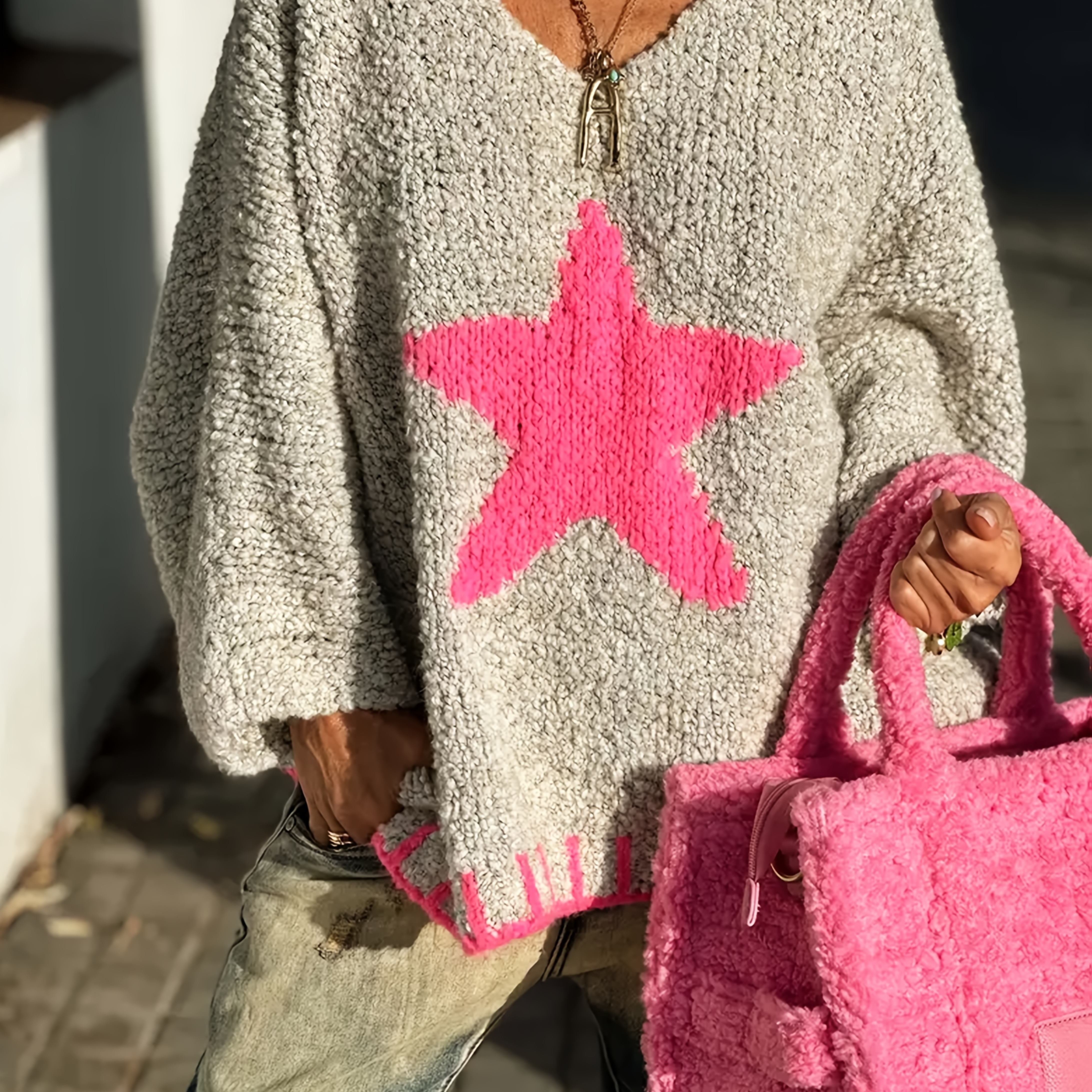 Plus Size Women's V-Neck Sweater in White with Red Star Casual Pullover