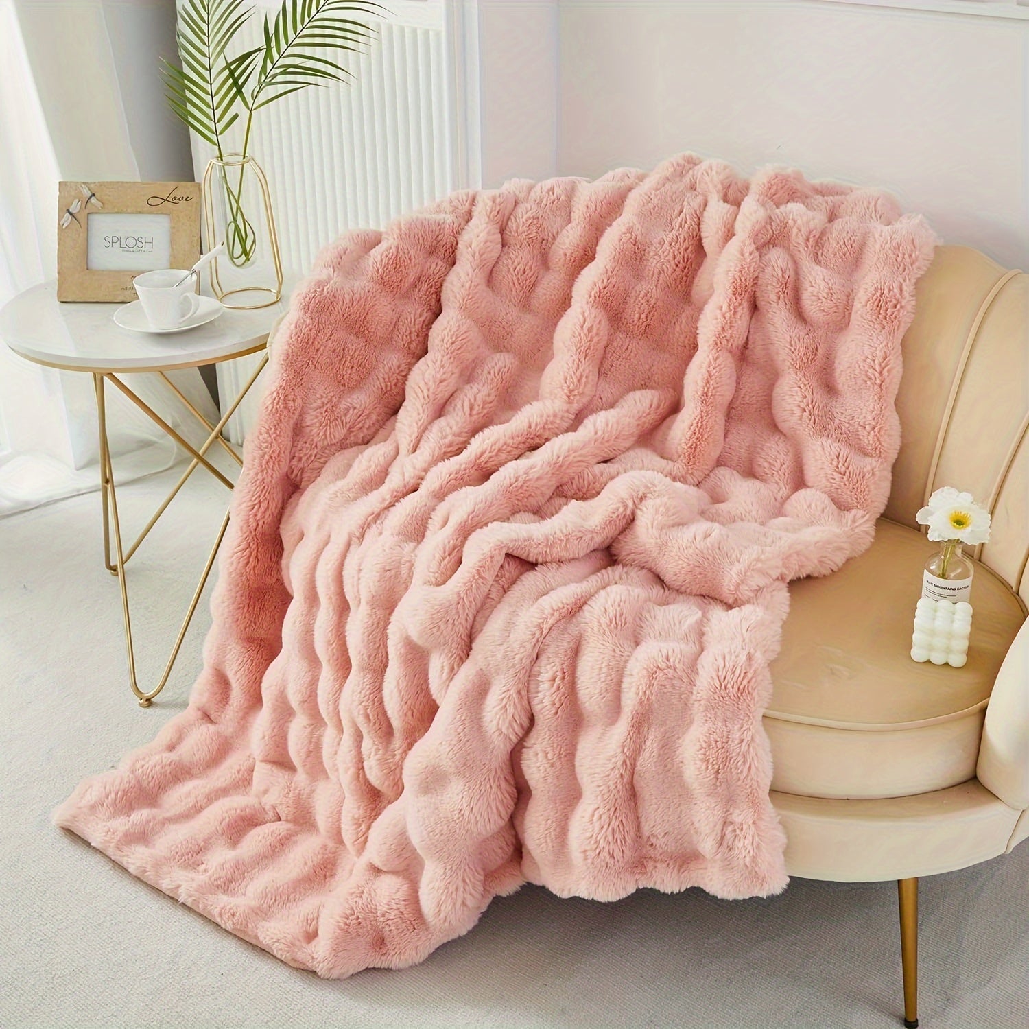 Double-Sided Rabbit Fleece Blanket Soft Faux Fur Plush Solid Color for Couch Bed Travel