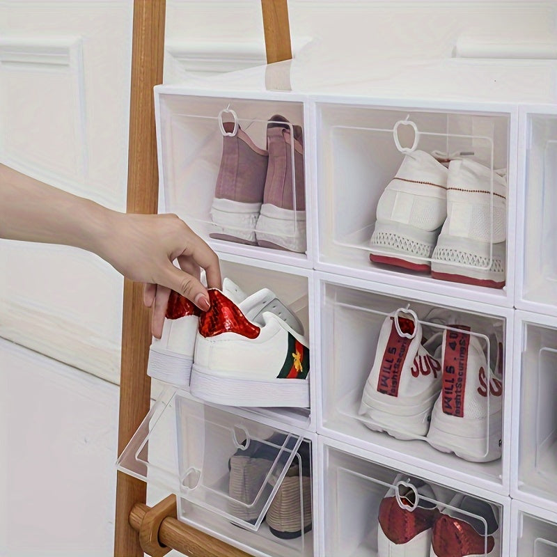 Juego de 12 grandes cajas de plástico blancas para almacenamiento de zapatos apilables con tapa abatible