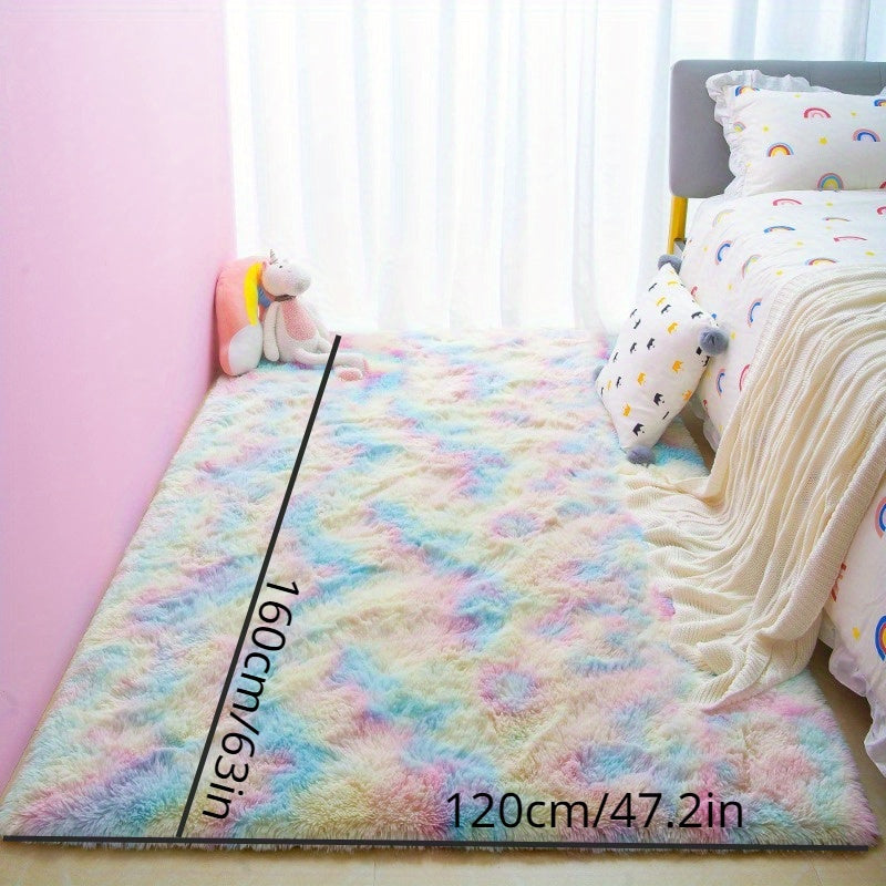 Yotoqxona va yashash xonasi uchun hashamatli shag mat, qizlar va yoshlar uchun yumshoq kamalak rangli gilam, uy bezatish uchun tie-dye tashqi mat, plush polyester materialdan tayyorlangan o'yinchoq dizayn – yotoqxona bezatish uchun mukammal.