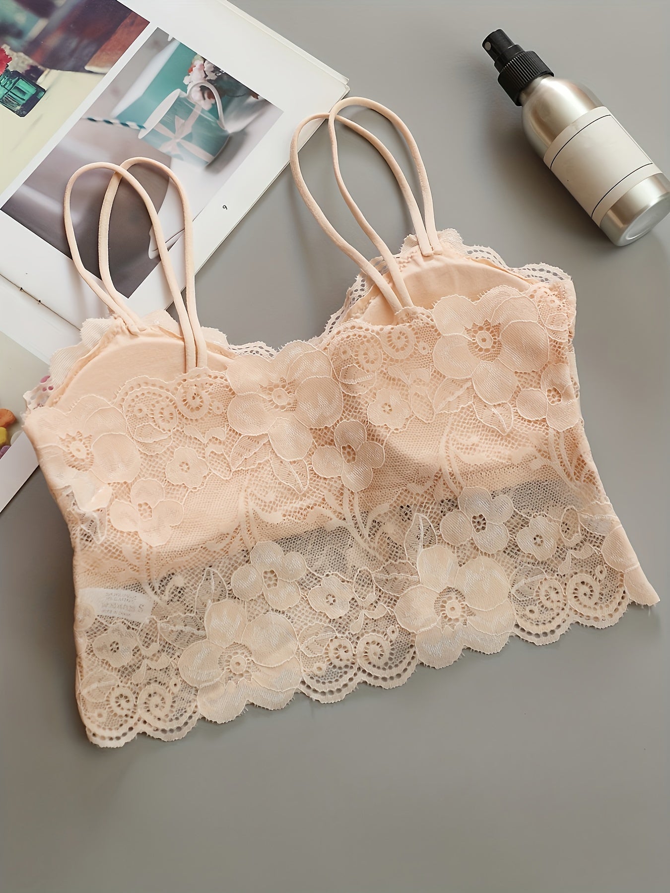 Women's Wireless Lace Bra with Double Shoulder Straps and Soft Padded Navel Top