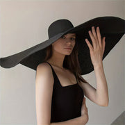 Foldable Black Straw Sun Hat with Wide Brim UV Protection for Beach Travel