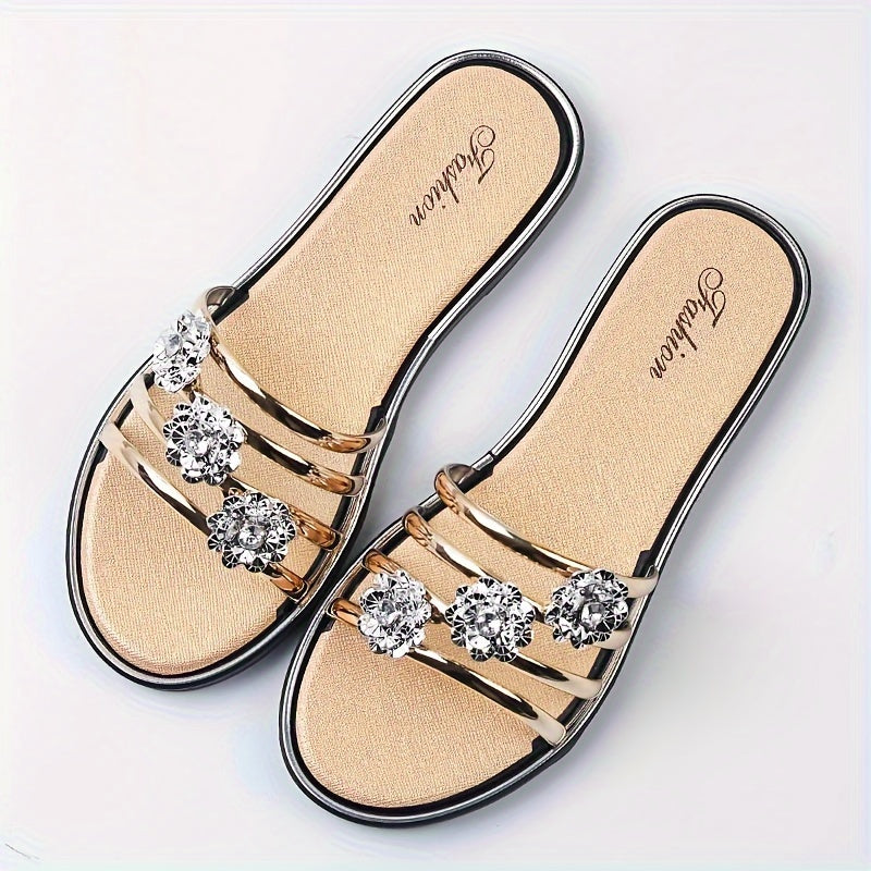 Ayollar uchun rhinestone gulli bezakli tek sandalki yozgi plyaj slaydlari ochiq barmoqli