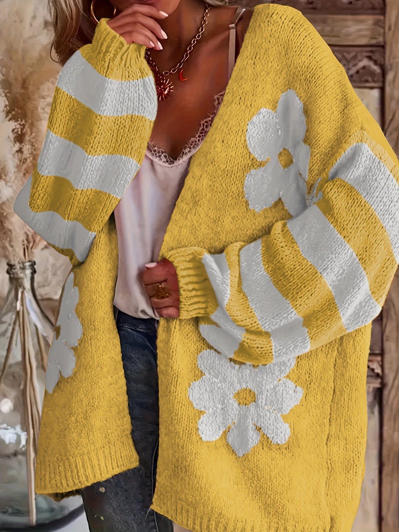 ayollar uchun keng ko'lamli V-yonoqli gul bosma to'qilgan kardigan uzun qo'lqopli sviter