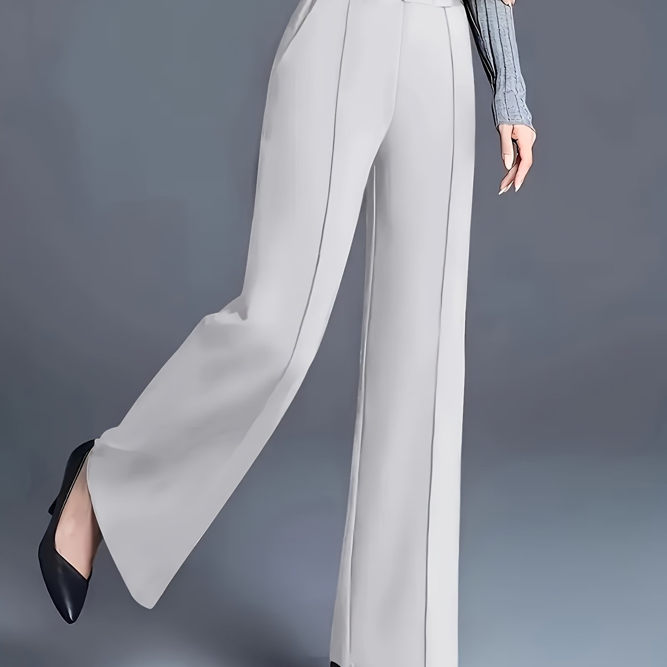 Pantalones de mujer de talla grande con pierna ancha y bolsillos, casual, oficina, color sólido, elásticos