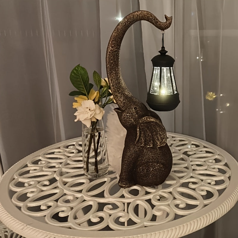 Solar-Powered Elephant Garden Lights Rustic Resin Outdoor Sculpture with Black Metal Lanterns