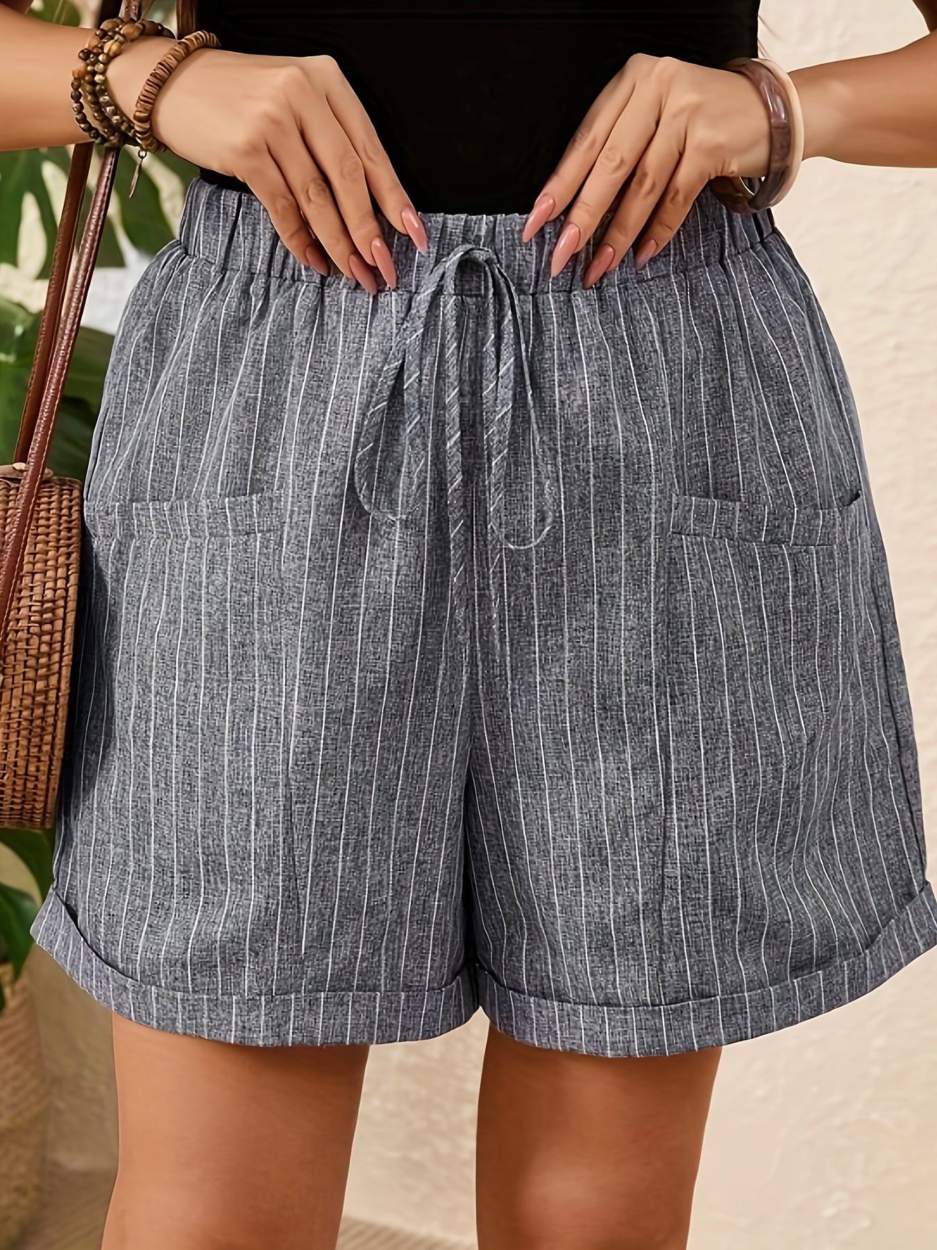 Women's Striped Wide-Leg Casual Shorts Polyester Spandex Faux Drawstring