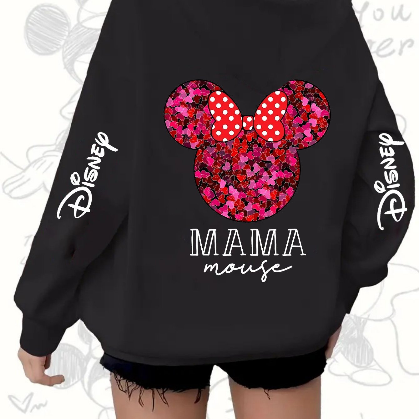 Plus Size Women's Hoodie Zip-Up Pink Red Glitter Minnie Mouse Casual Wear