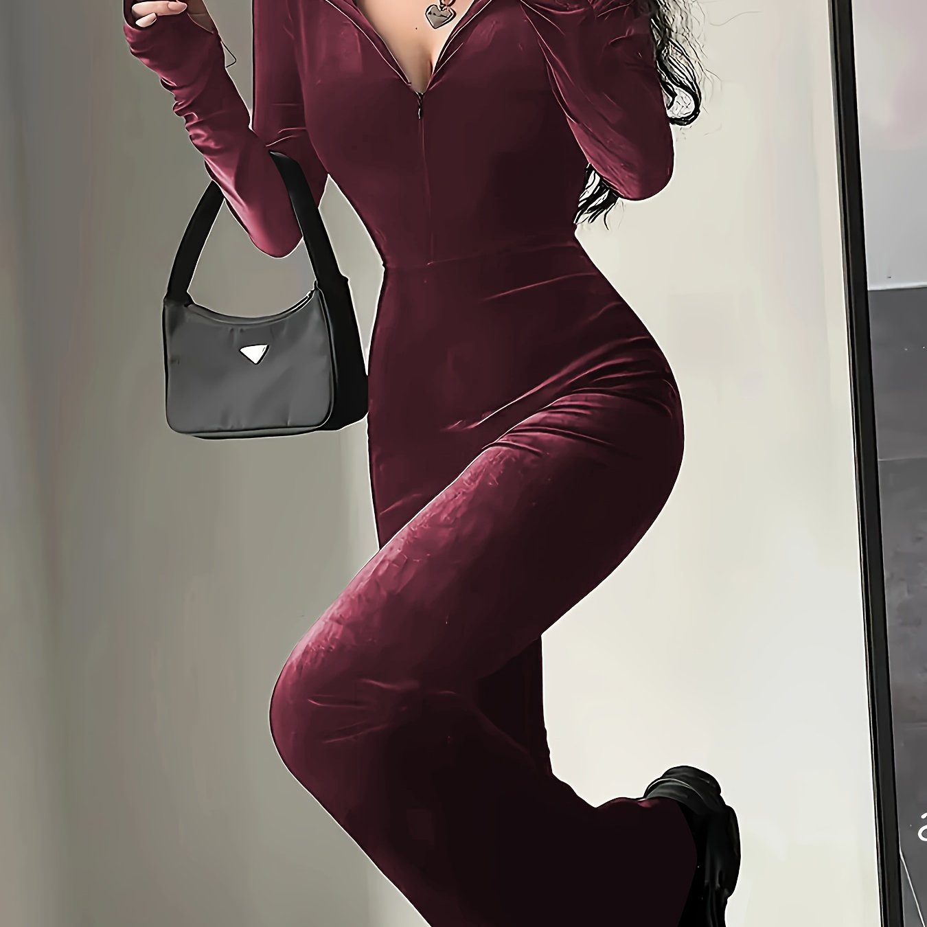 Women's Zipper Front Jumpsuit Hooded Long Sleeve Casual Fall Spring Knit Polyester Solid