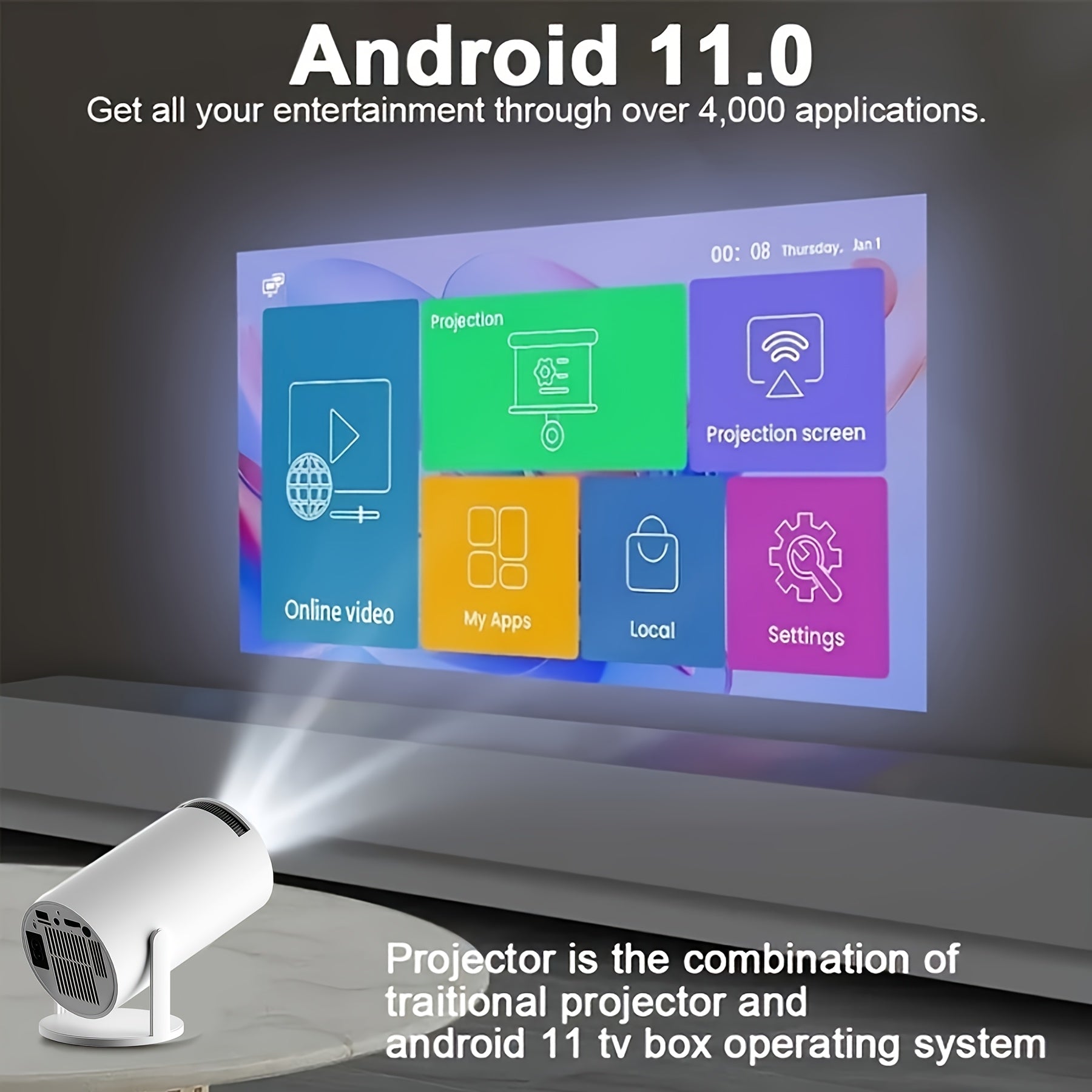 Smart Projector 4K Video Native 720P Wireless Auto-Ladder Home Theater