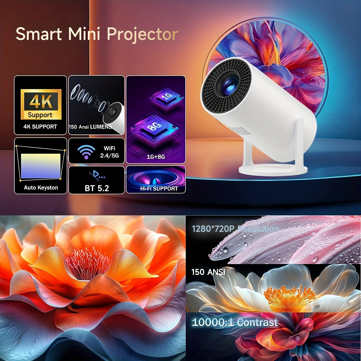 Mini 4K Projector for Home Theater with Android 12 WiFi6 Bluetooth 5.2