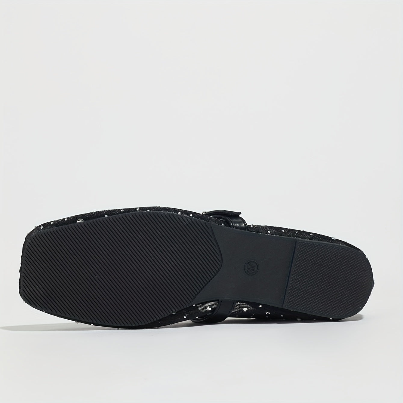Zapatos planos de malla negra para mujer tipo Mary Jane con adornos de cristales
