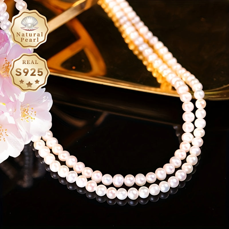 Elegante collar de perlas de agua dulce de doble capa para mujer, 4-5mm, piedra de nacimiento de junio, plata