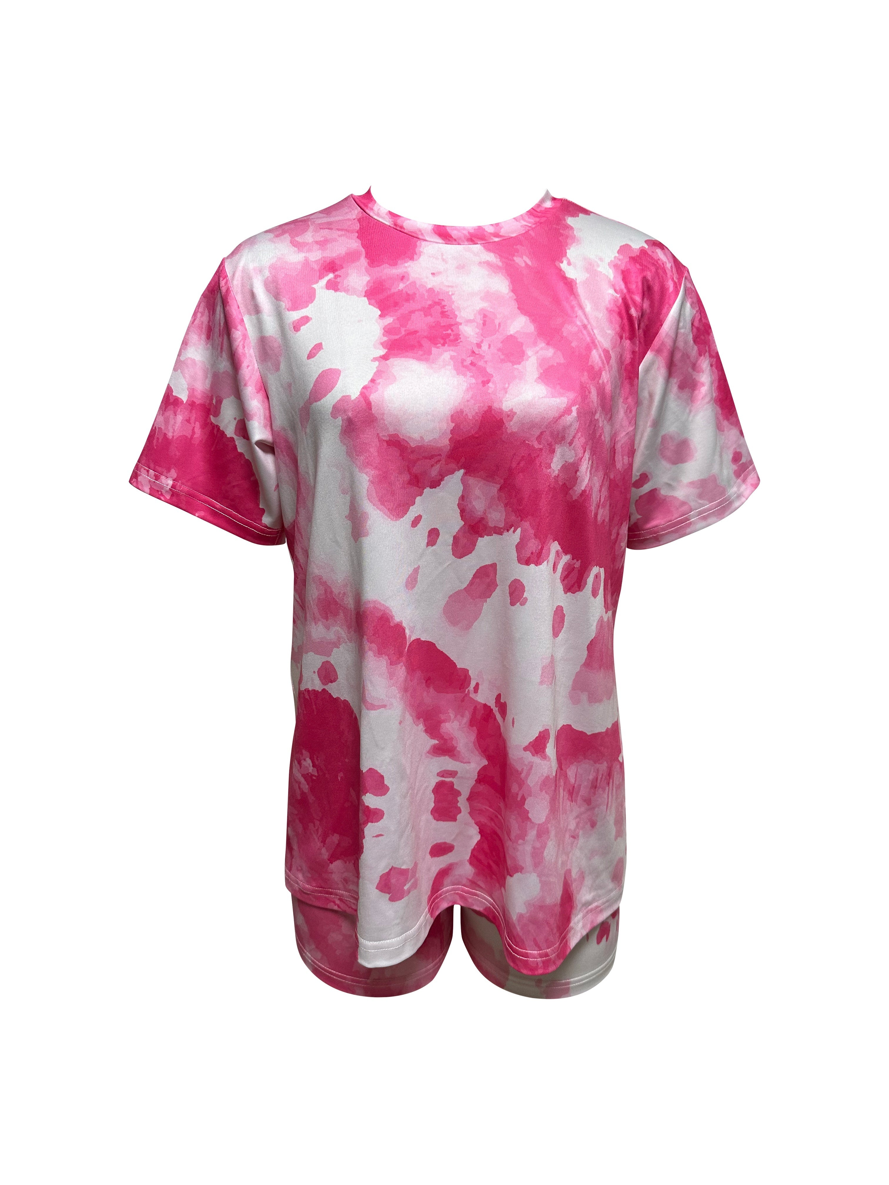 Women's Tie Dye Lounge Set Short Sleeve Crew Neck Top and Shorts for Sleepwear and Loungewear
