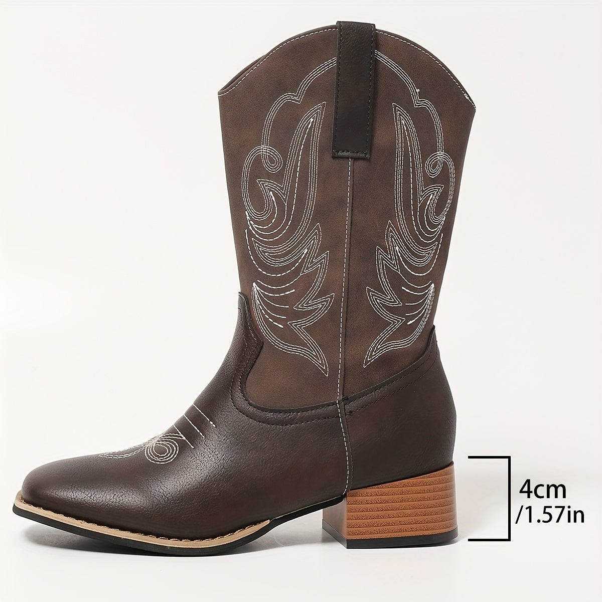 Women's Faux Leather Embroidered Chunky Heel Cowboy Boots with Square Toe
