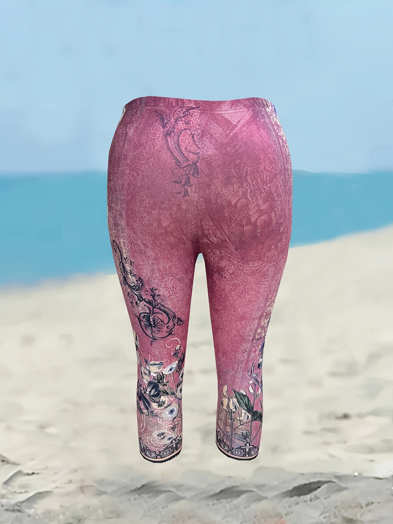 Plus Size Women's Floral Print Capri Leggings Stretchy Mid-Calf Pants