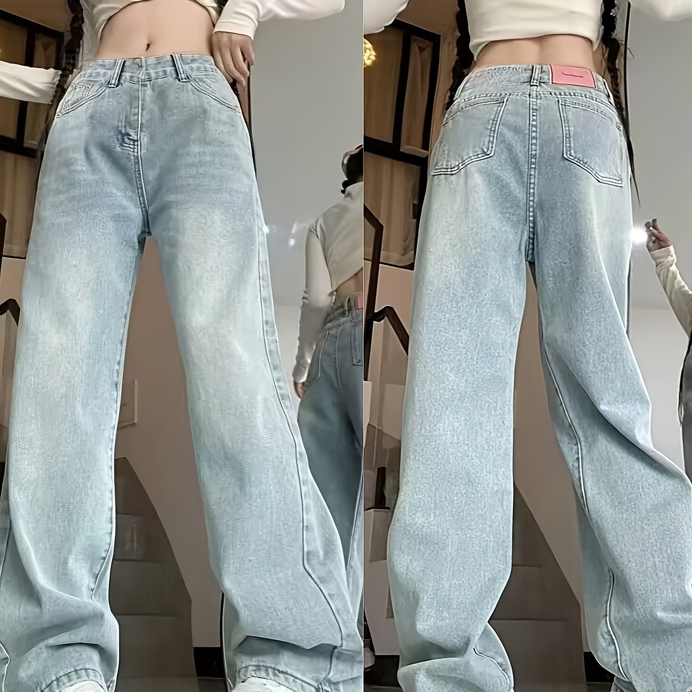 Women's Plus Size Denim Jeans High-Waisted Wide-Leg Solid Color Pants