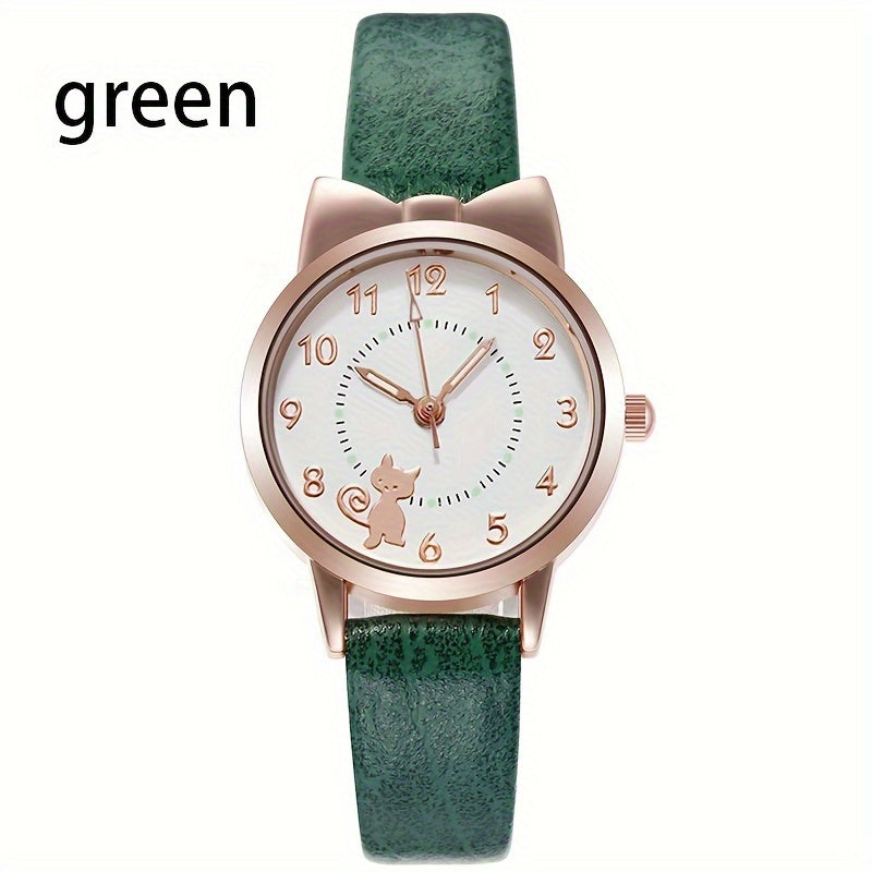 Женские и студенческие кварцевые часы с мультяшным котом, светящимся циферблатом и ремешком из PU-кожи