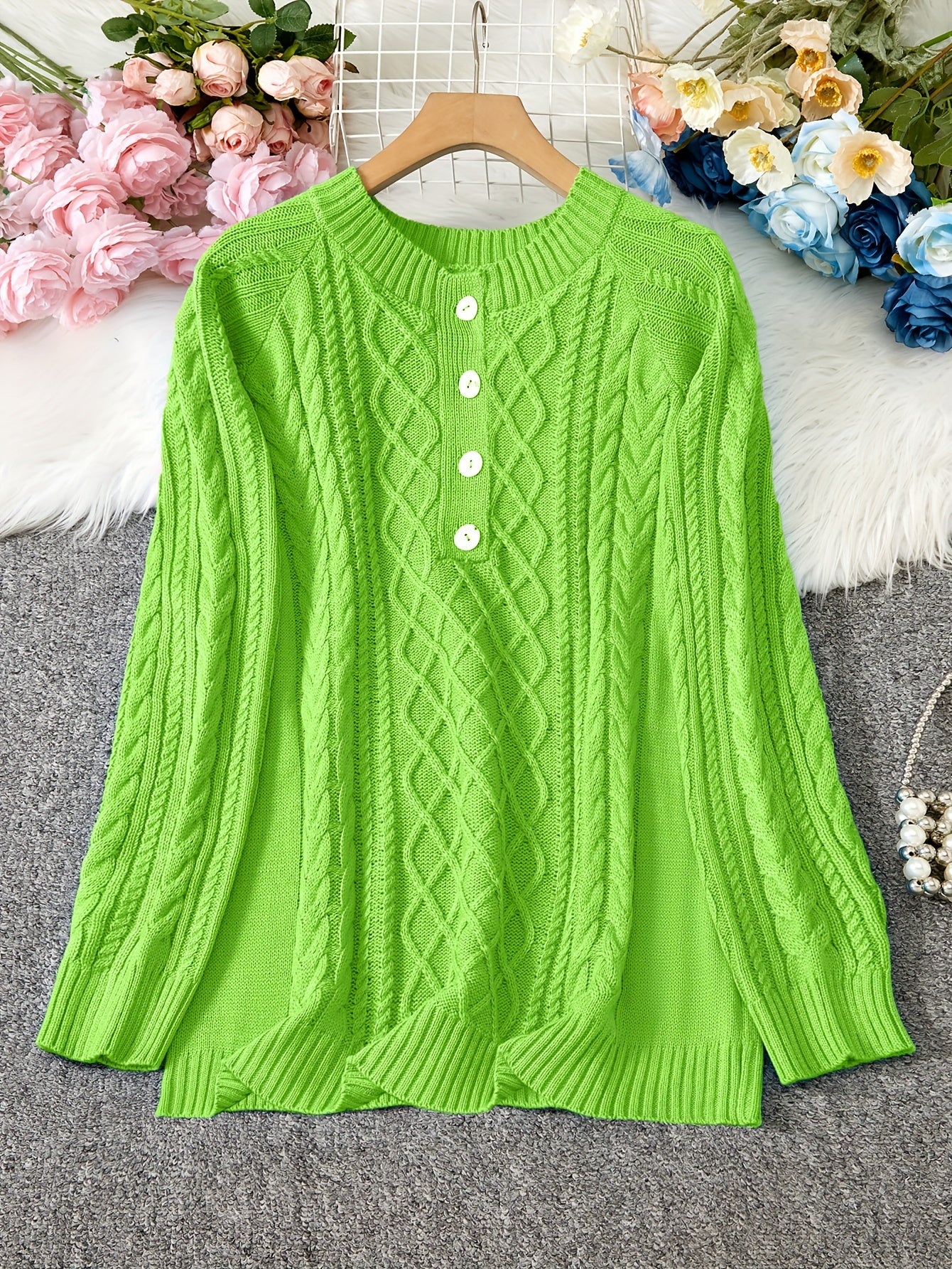 Women's Cozy Cable Knit Sweater Long Sleeve Round Neck Pullover