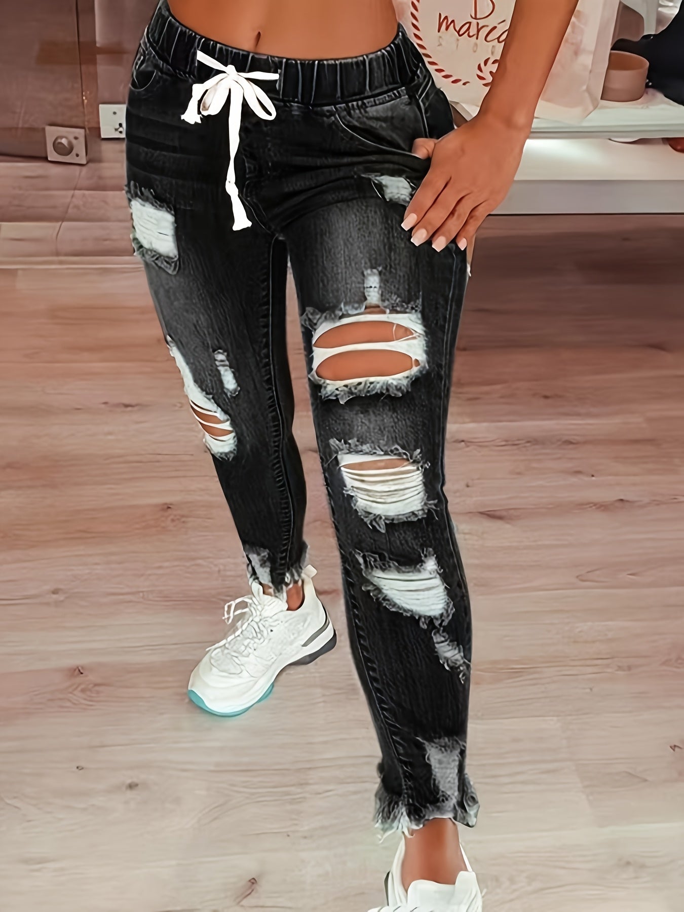 Plus Size Womens Bohemian Denim Pants with Elastic Waist Tight Fit