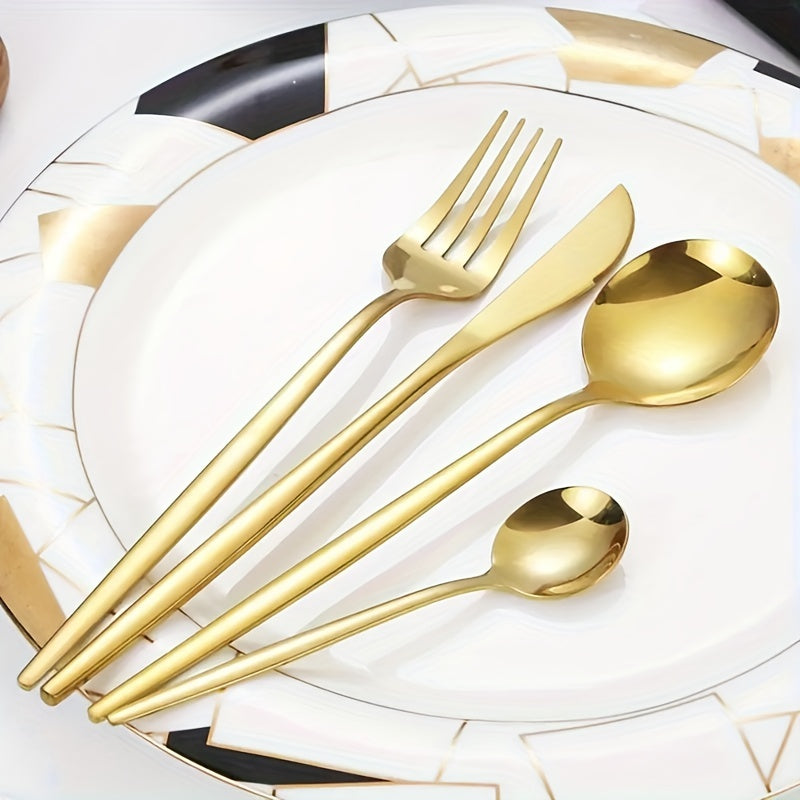 24-Piece Gold Finish Cutlery Set with Steak Knife Salad Fork Spoon Dishwasher Safe