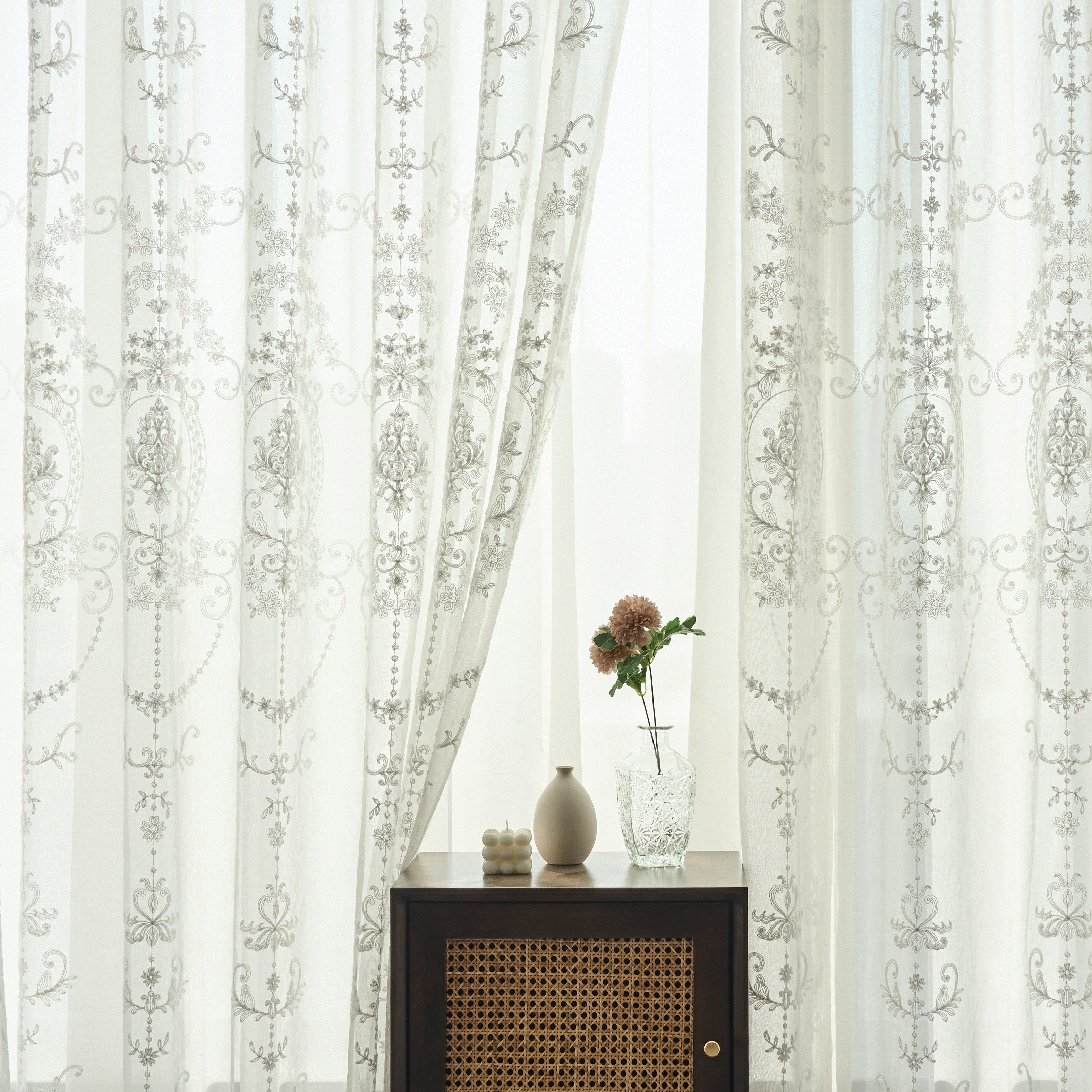 European Embroidered Sheer Curtains 2-Piece Set Floral Design Rod Pocket Window Treatments