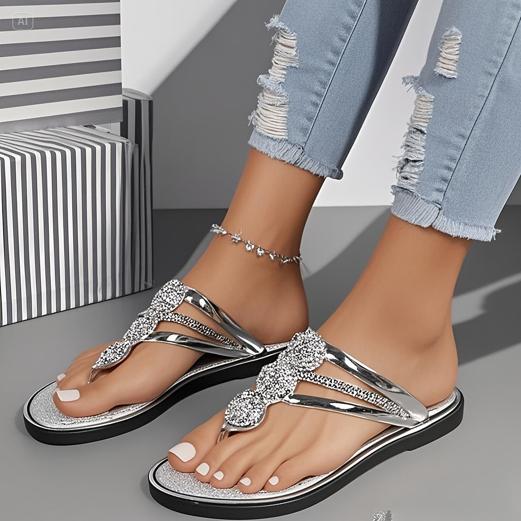Women's Open Toe Rhinestone Flat Sandals for Beach and Casual Wear