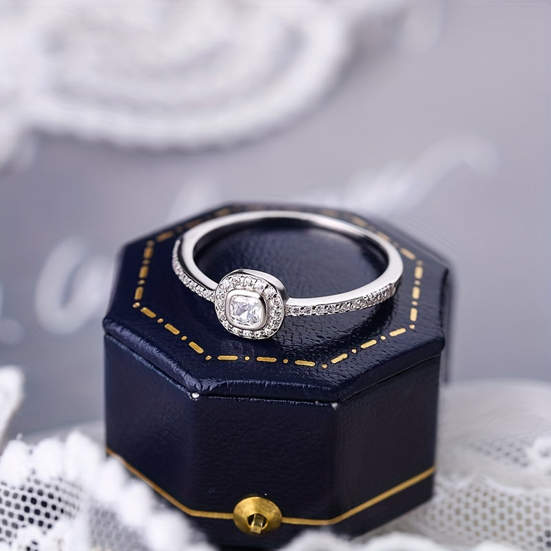 Sterling Silver Ring with Double Layer Square Design and Micro Zirconia 1.5g