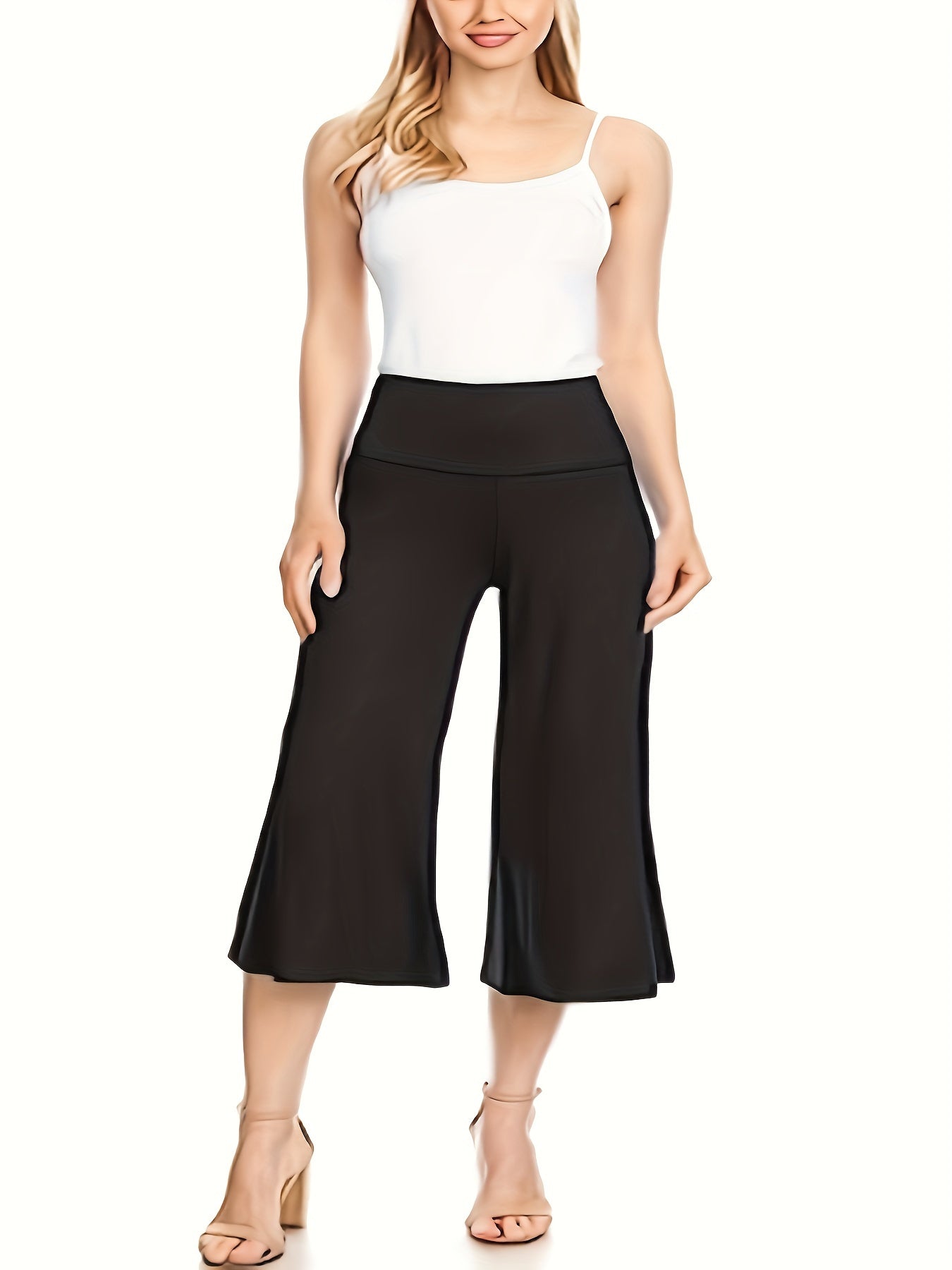 Pantalones Capri de pierna ancha para mujer de tallas grandes, casuales, de cintura alta, verano