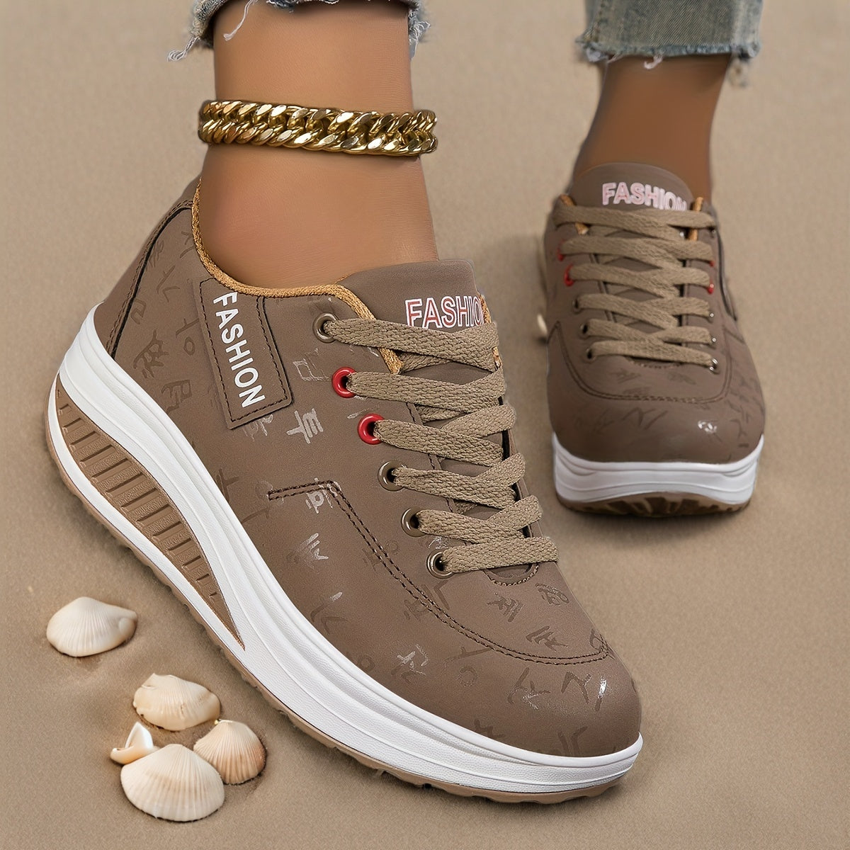 Women's Casual Rocker Sneakers Breathable Non-Slip Brown White Soles