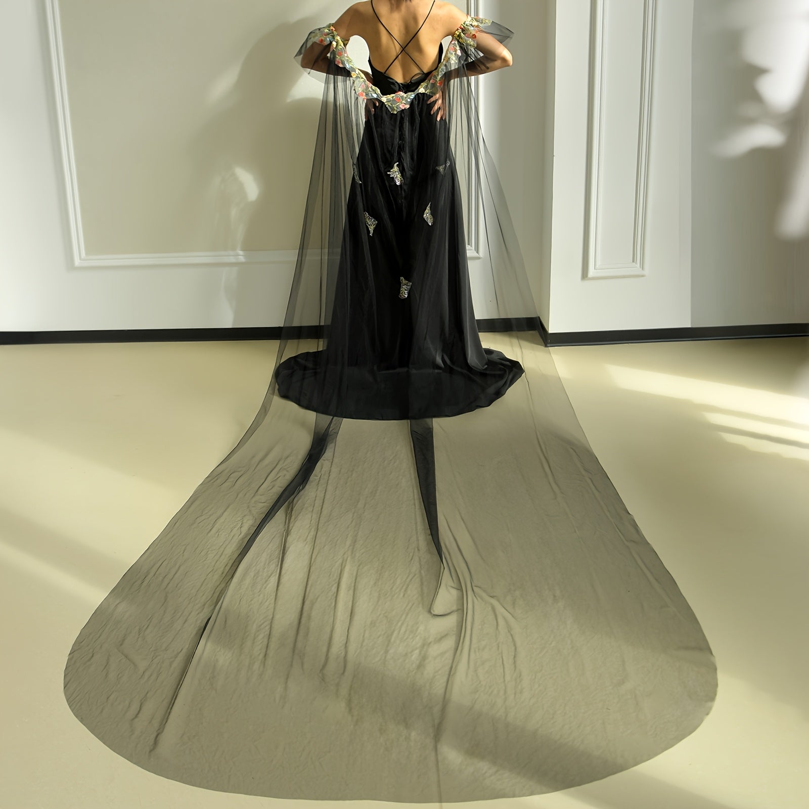 Black Bridal Shawl with Colorful Lace Trim and Sleeves for Wedding