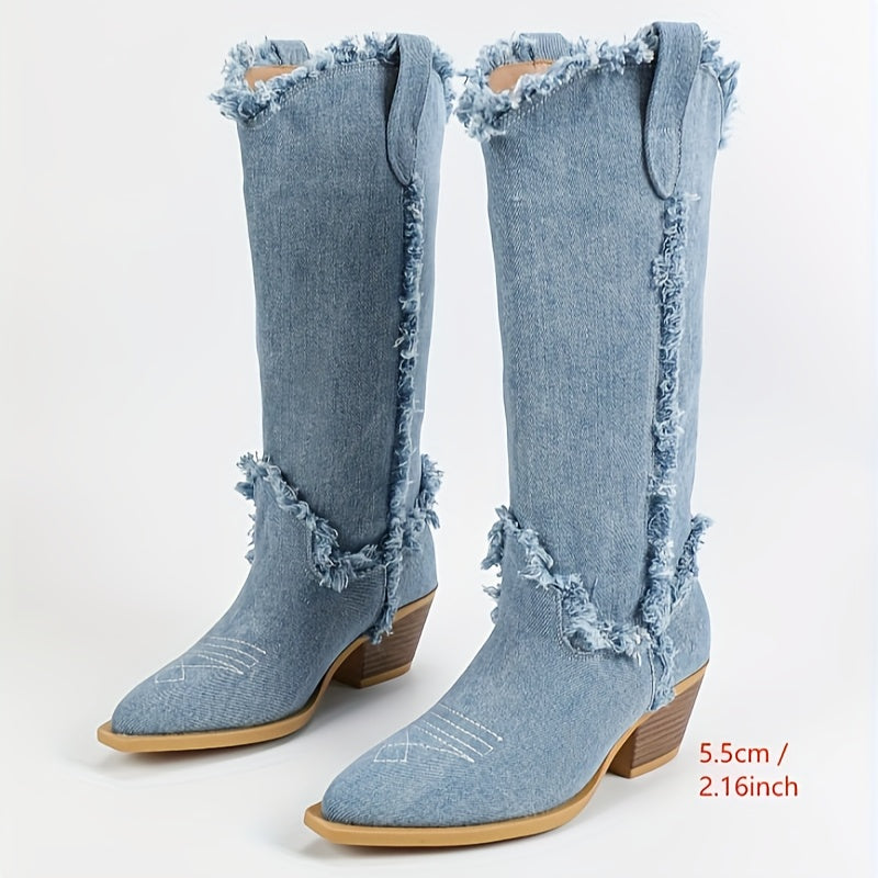 Ayollar uchun yengil ko'k o'rta uzunlikdagi g'arbiy botinkalar, oson kiyiladigan, nuqta barmoqli, qalin to'ntarli poyabzal