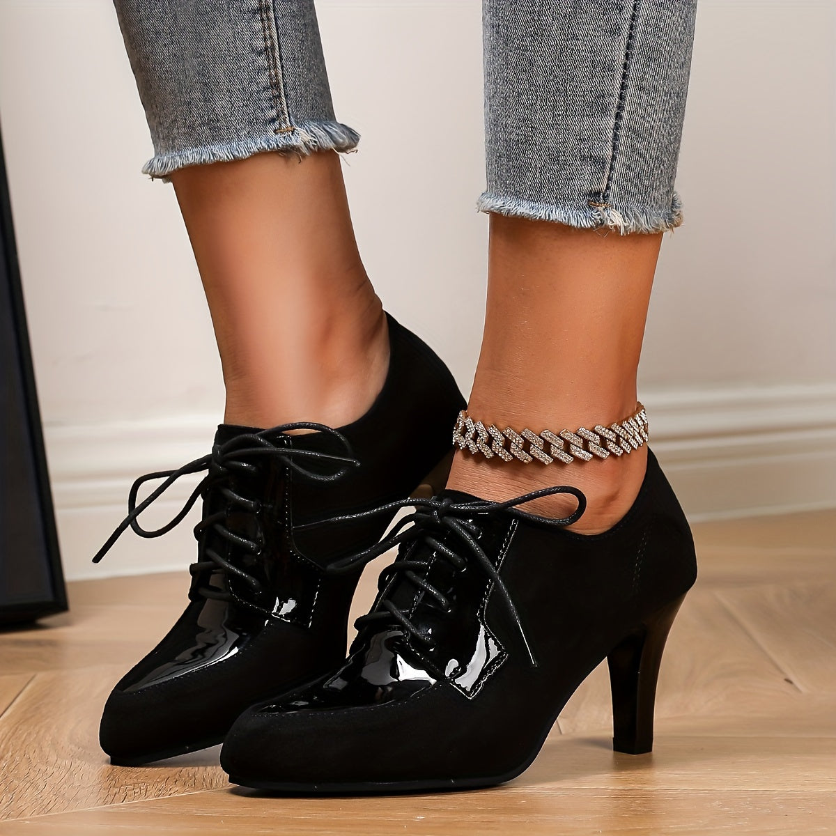 Women Faux Leather Lace-Up High Heels Pointed Toe Chunky Heel