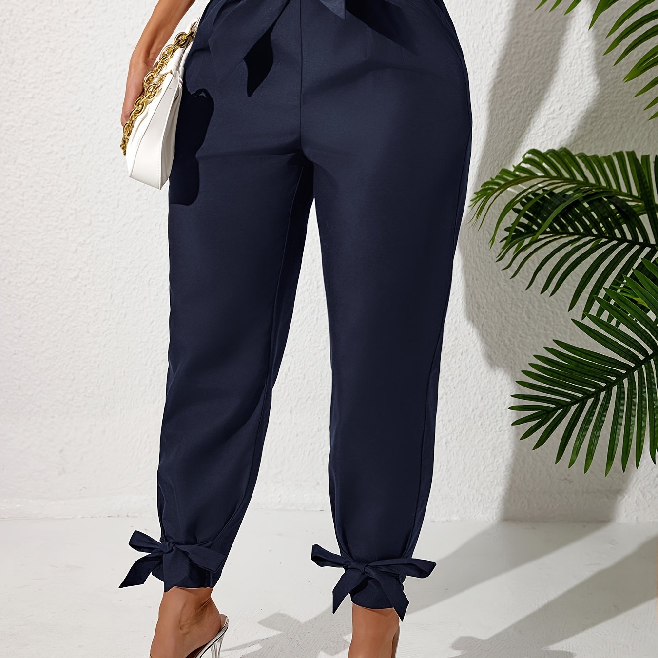 Plus Size Solid Straight Leg Pants with Elastic Drawstring Waist and Bow Detail for Spring and Summer